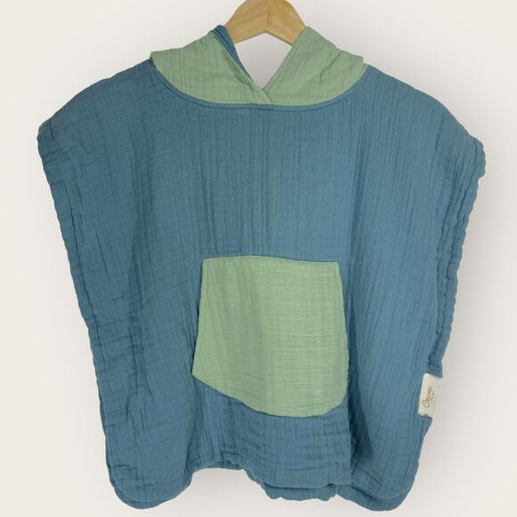 Crane Toddler 2T-3T Swim Coverup Hooded Poncho Green Blue 100% Cotton Muslin - Picture 1 of 5